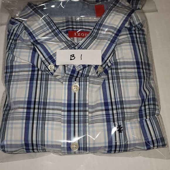 Izod Shirt Adult XXL White/Blue Plaid S/S Casual Button Up Pocket Mens 2XL - Picture 9 of 9